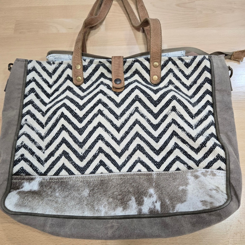 Myra Bag Canvas Tote Bag, Chevron Print, Cowhide Accent, Leather Straps, Western